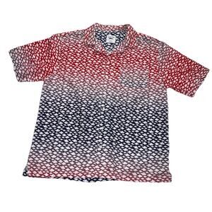 Spicy Tuna Shirt Men's Size L Red/White/Blue Fish AOP Short Sleeve Button Casual